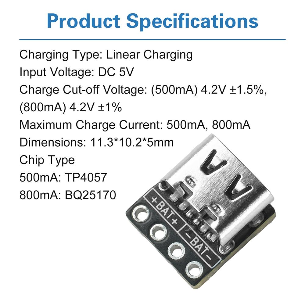 5 Stück Typ-C USB Mini-Lithiumbatterie Lademodul Ladeplatine DC 5V 500mA 800mA TP4057 BQ25170 Lademodul