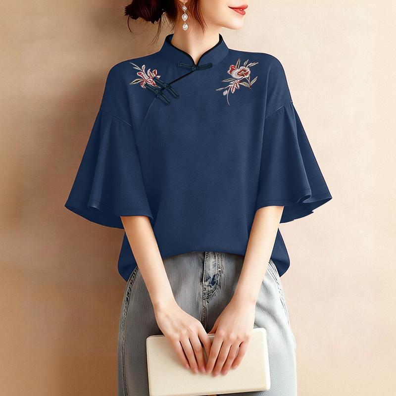 ZANZEA Women Stand Collar Casual Embroidery Loose Short Sleeve Blouse