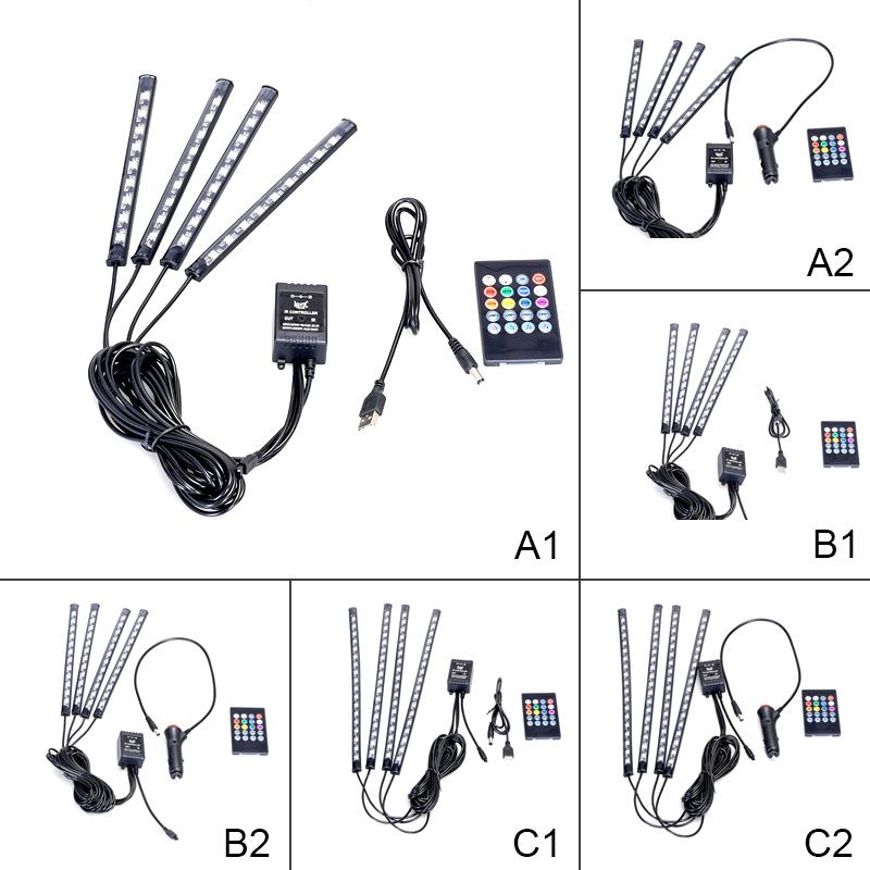 One Set(4pcs Light Tube) LED Car Interior Ambient Light USB Backlight Music Control RGB Party Auto Decorative Atmosphere