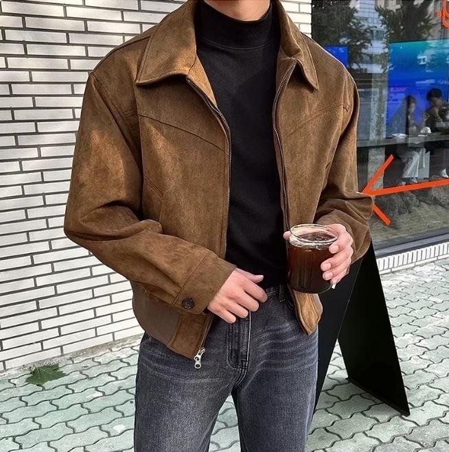 Korean Men's Suede Bomber Jacket: Autumn/Winter, Short, Loose, Thickened, Lapel, Zipper, Hong Kong Style.