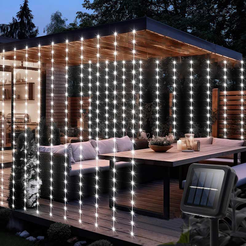 Solar Curtain String Lights Outdoor Fairy Lights Powered Twinkle String Lights 8 Modes for Home Garden Patio Christmas Decor