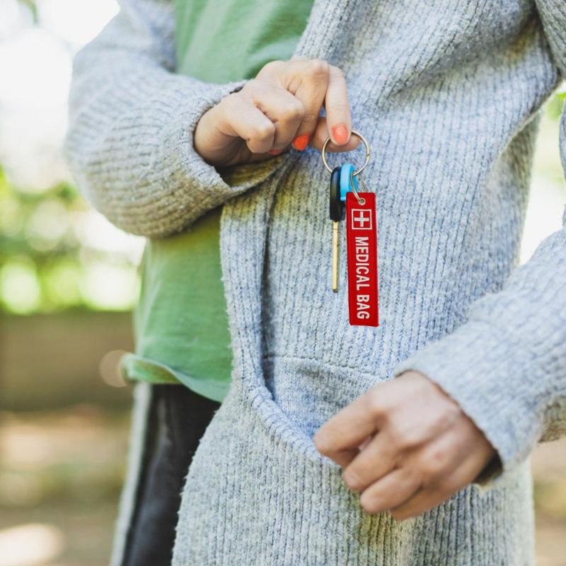 2Pcs Red White Embroidered Component Device Compact Keychain Luggage Identifier With Detachable Metal Ring For Emergency Supplies