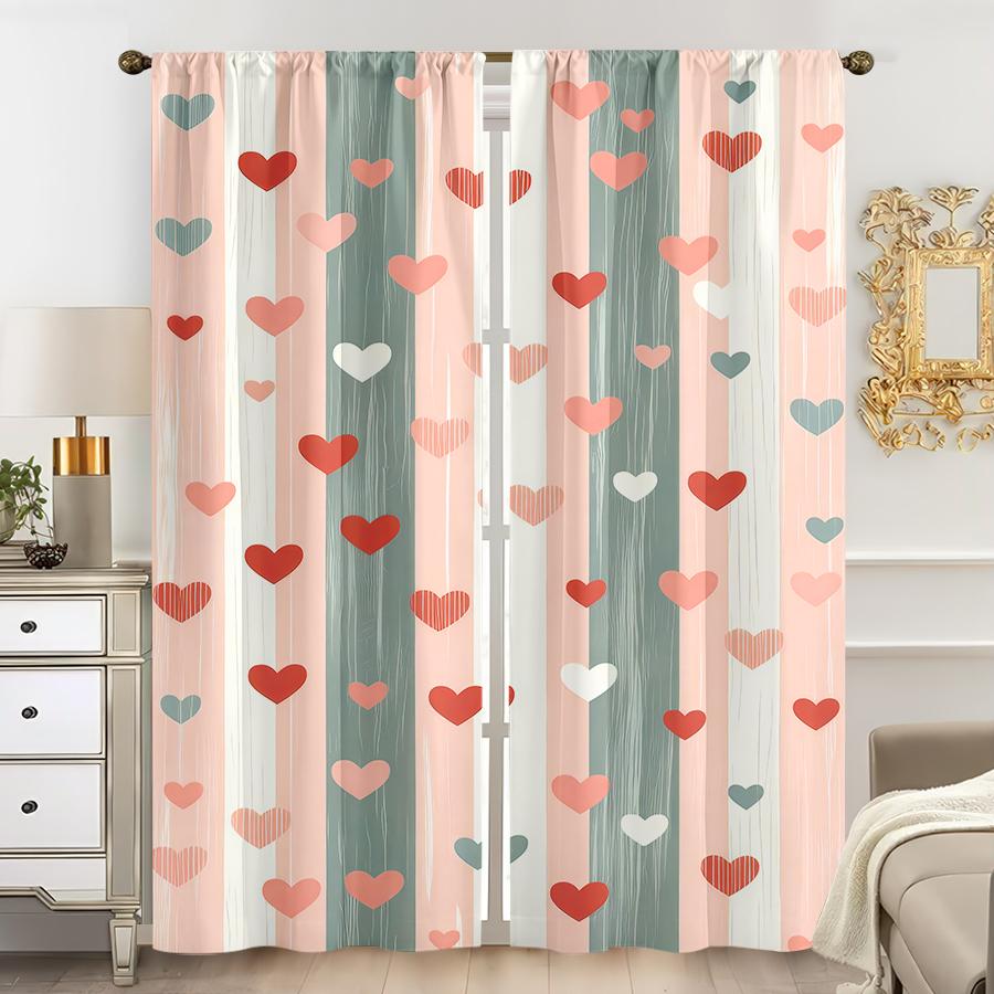 

Set Of 2 Pink Green Wood Grain Heart Shaped Striped Curtains Sweet Style Living Room Bedroom Decorative Drawbar Pockets Curtain Polyester Ideal For W100*H70(CM)-Grommet top&1PCS