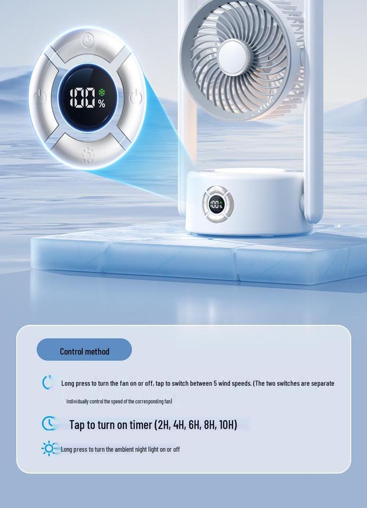 Desktop Dual Head Folding Fan with LED LCD Display & Hook - Portable Ceiling Fan with Night Light