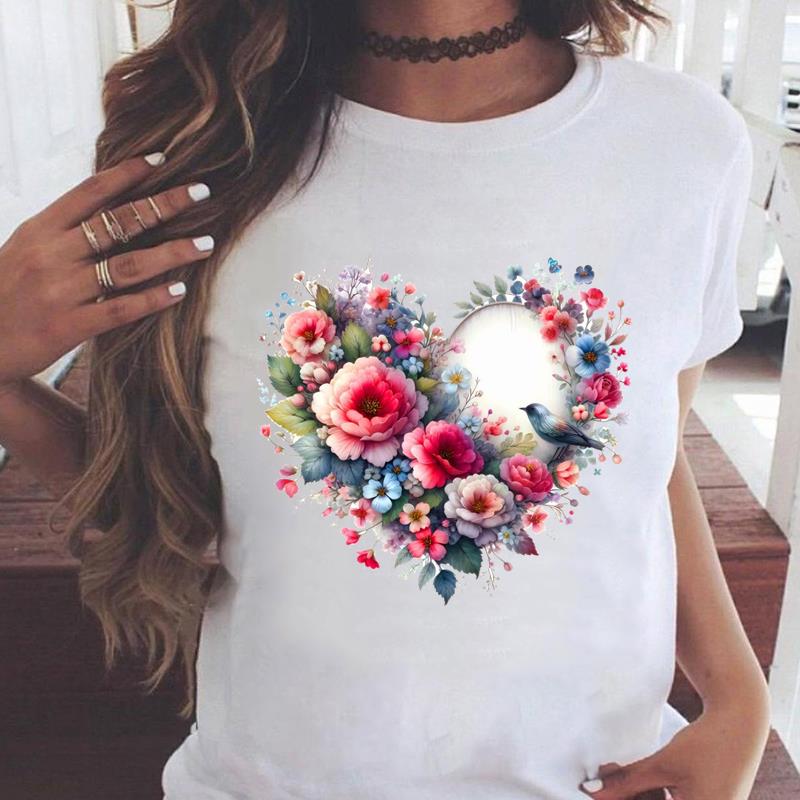 (Asian Size) trend watercolor flower style Graphic Tee Female Casual  Fashion T Clothing Women's Top Print Short Sleeve T-shirts
