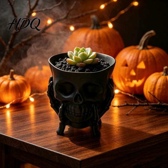 3D-gedruckter Pflanzenhalter Totenkopf-Blumentopf mit Skelett-Hand-Ständer Gotischer Sukkulenten-Topf Künstlerische Raumdekoration Dunkler Stil Dekorativer Blumentopf
