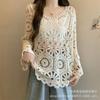 Top Croșetat Alb cu Dantelă pentru Femei, Mâneci Lungi Tip Clopot, Bluză Tricotată Decupată