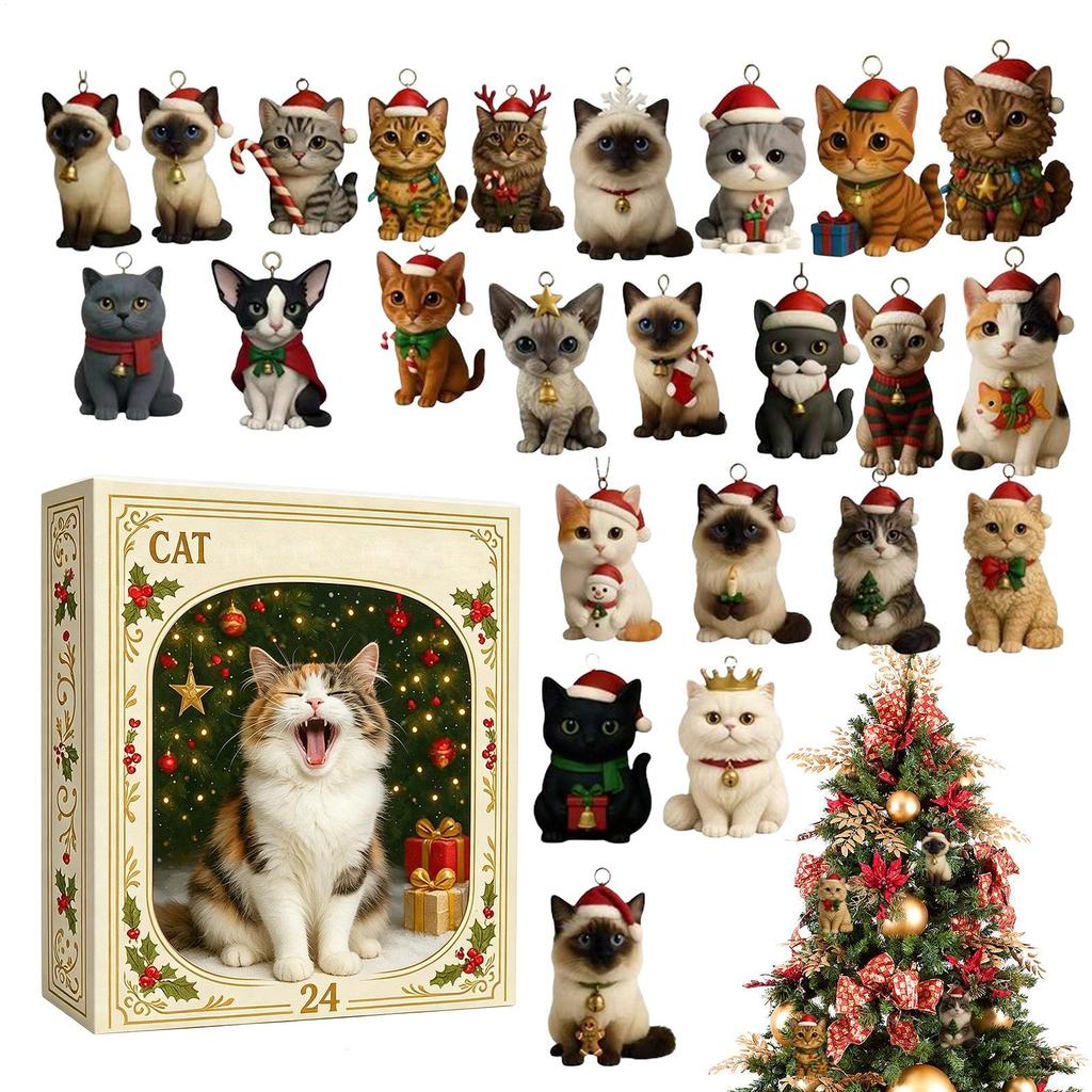 1116 Christmas Advent Calendar 11 Days Cat Pendants 1D Acrylic Hanging Ornaments for Cat Lovers Home Christmas Tree Decorations