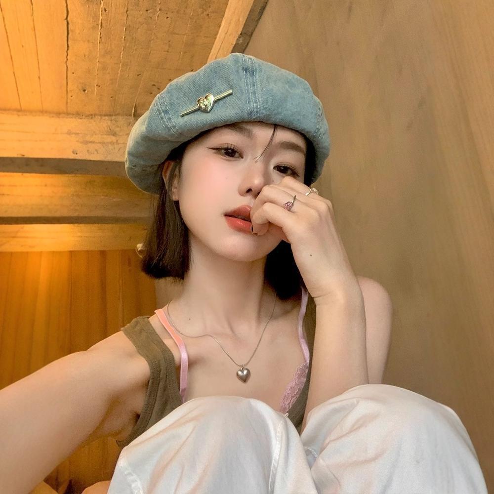 Béret Femme Love Denim Lavé Chapeau Octogonal Fin Respirant Chapeau de Peintre Octogonal Grand Tour de Tête Montrant le Visage Petit Chapeau