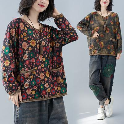Bluzki dzianinowe z dekoltem w serek, luźne, z długim rękawem, damska moda jesienna, kwiatowe wstawki, pulowerowe topy, damska odzież wierzchnia casual