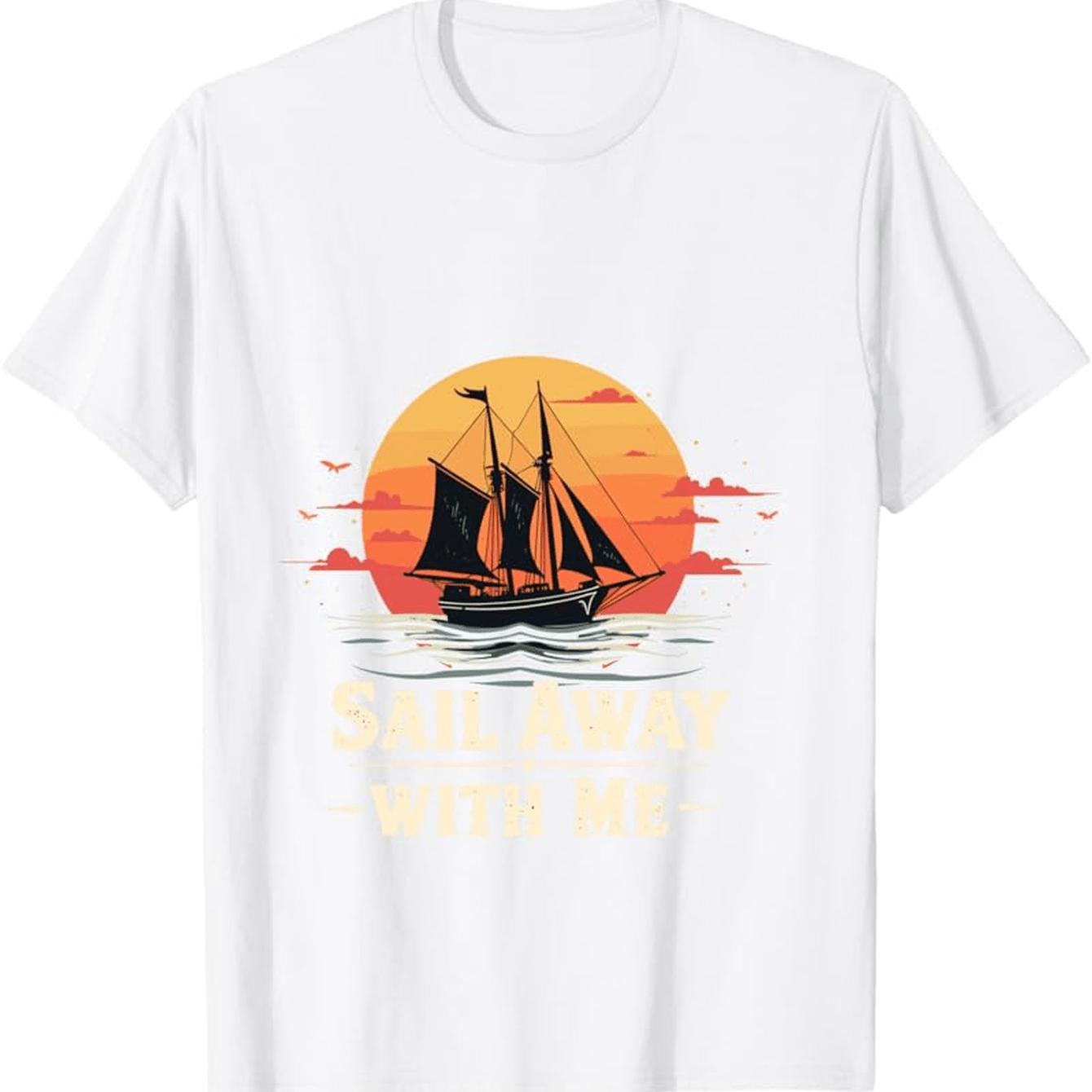 MenS Nautical Sailing Boat Graphic TShirt  Sail Away with Me Slogan  Red Sunset Sail Design Short Sleeve Casual Round Neck S