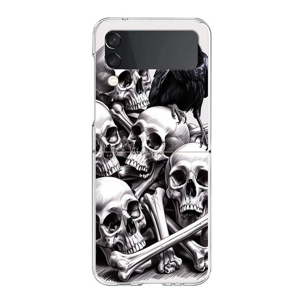 Phone Cover For Samsung Galaxy Z Flip 7 6 5 4 Case Transparent For Samsung Z Flip 3 Hard PC Foldable Shell Raven Crow Skull Bags