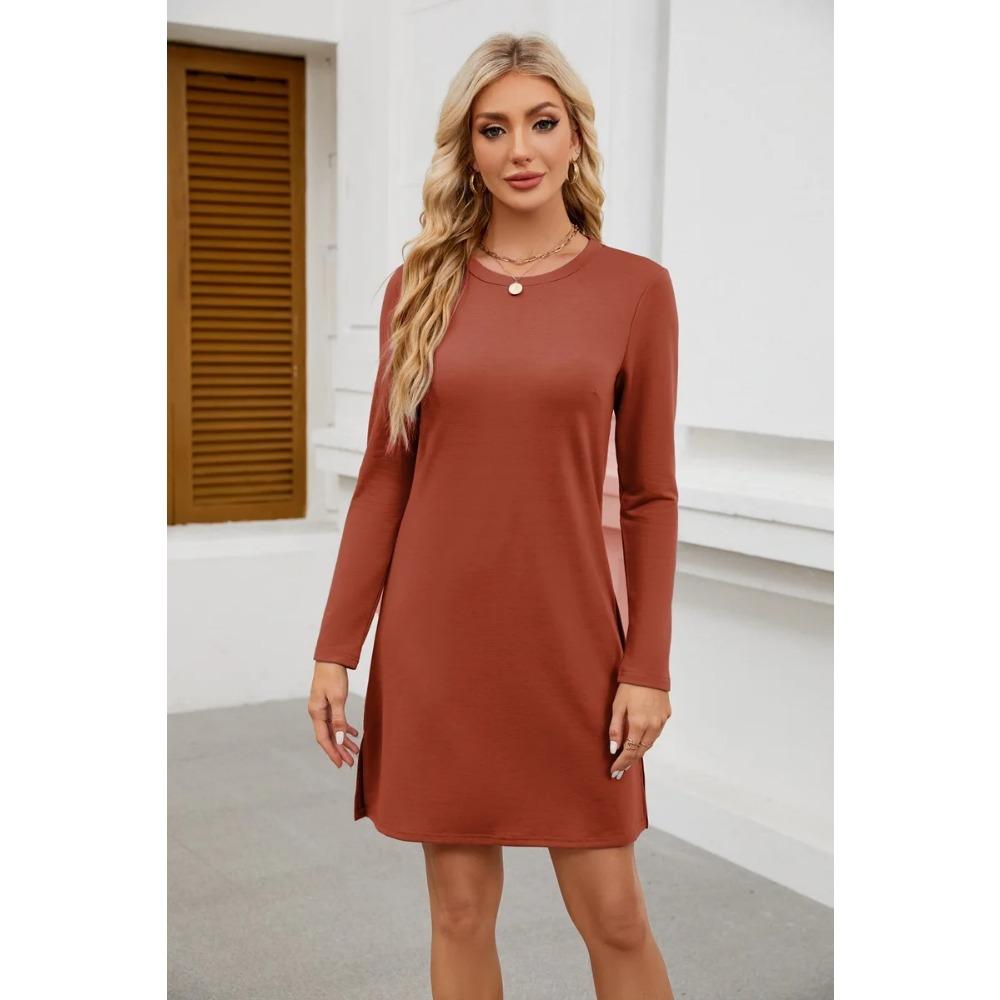 

Женская толстовка с круглым вырезом и разрезом по низу, повседневное платье с длинными рукавами XXL кирпич красный