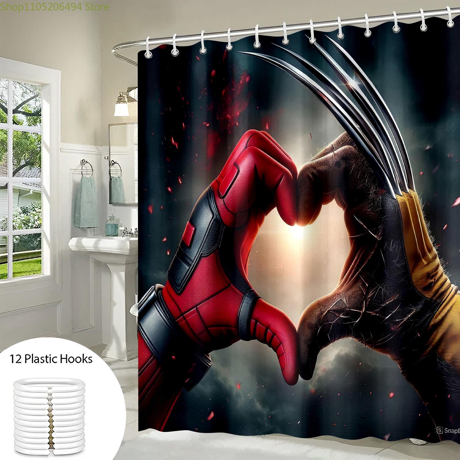 1pc Marvel Deadpool & Wolverine Heart Hands Design Shower Curtain with Hooks - Polyester Fabric, Vibrant Superhero Print, Bath 90x180cm