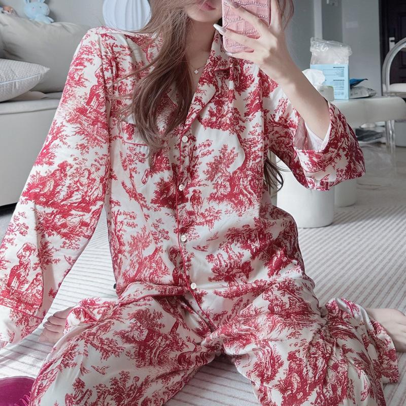 Maple Leaf Printed Pajamas Women'S Spring And Summer High-End Gentle Wind Lapel Cardigan Trousers Home Suit Outer Wear
