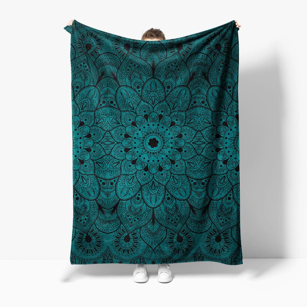 Boho Mandala Fleece Blanket Dark Teal Black Paisley Tribal Print Throw Soft Warm Cozy Decorative Bed Blanket 75x90cm