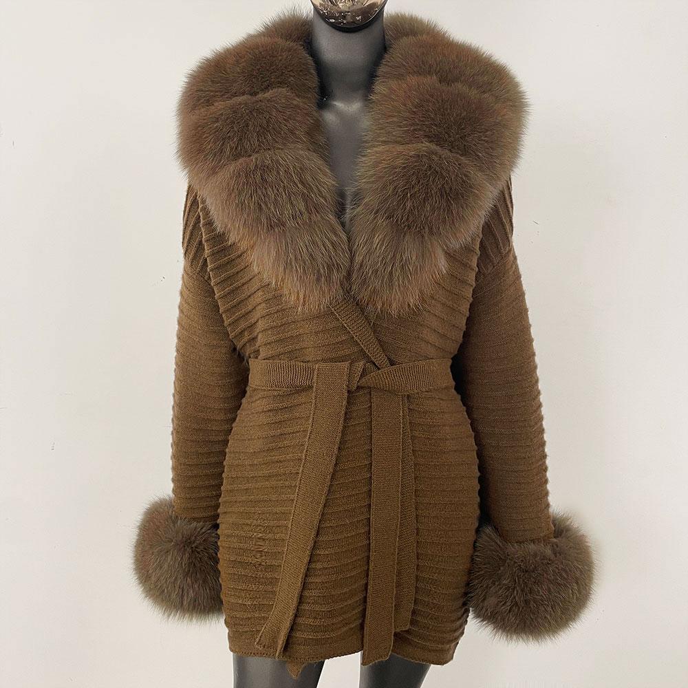OFTBUY Podzimní Dámský Měkký Dlouhý Pravý Velký Liščí Kožich Teplý Pletený Kabát Pásek Klopa Límec Svrchní Oblečení Ležérní Svetr Bunda Volná Dámská Elegantní Dlouhá