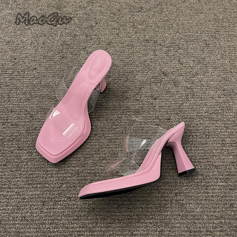 Fashion Women's Fashion Summer New High Heel Shoes Sexy Square Head Transparent PVC Strap Slippers Rubber Sole Sandalias De Mujer Size39