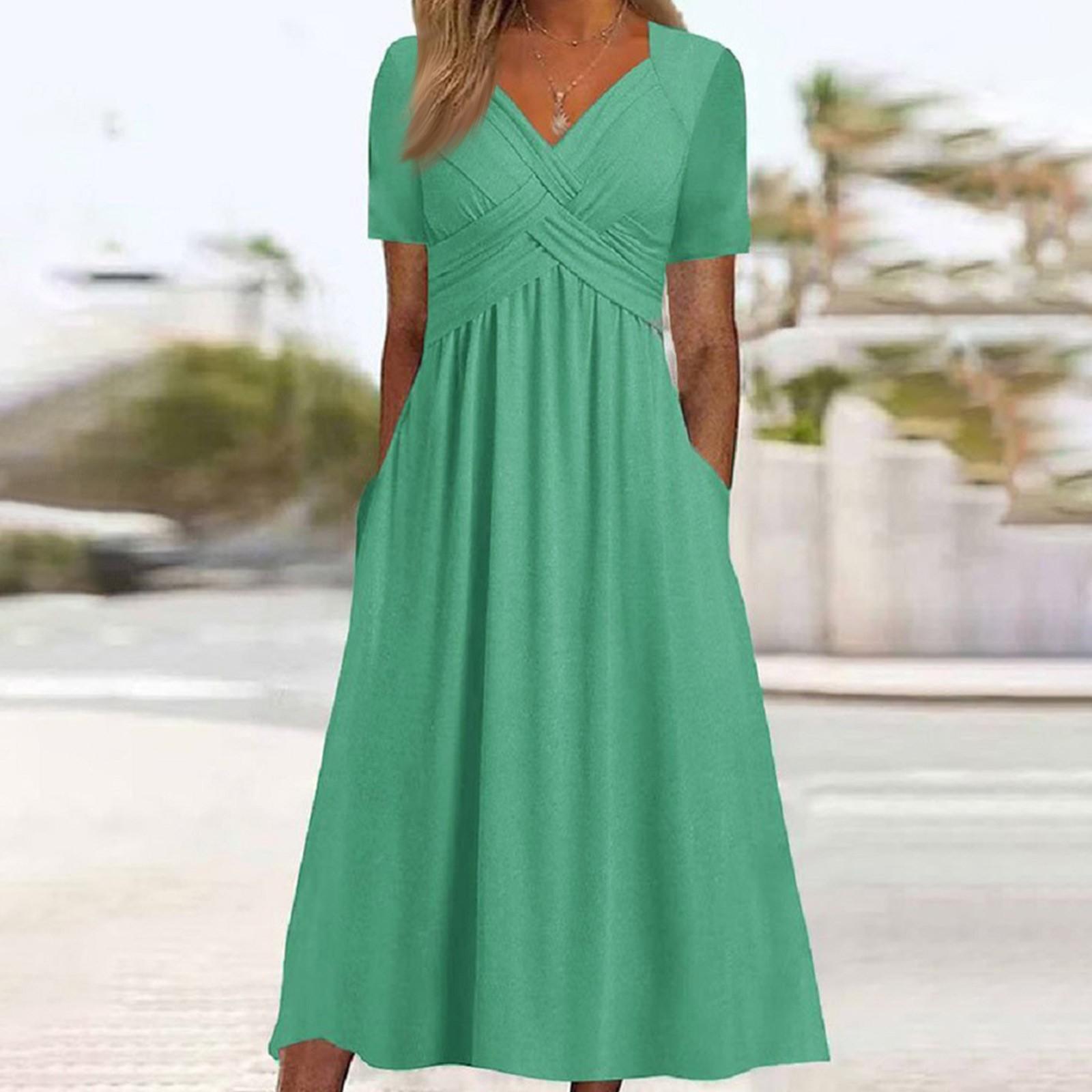 

Женское летнее платье с плиссированным ремешком и V-образным вырезом с короткими рукавами, однотонное платье с карманами трапециевидной формы со свободным подолом, дышащее мягкое платье миди для свиданий M зелёный