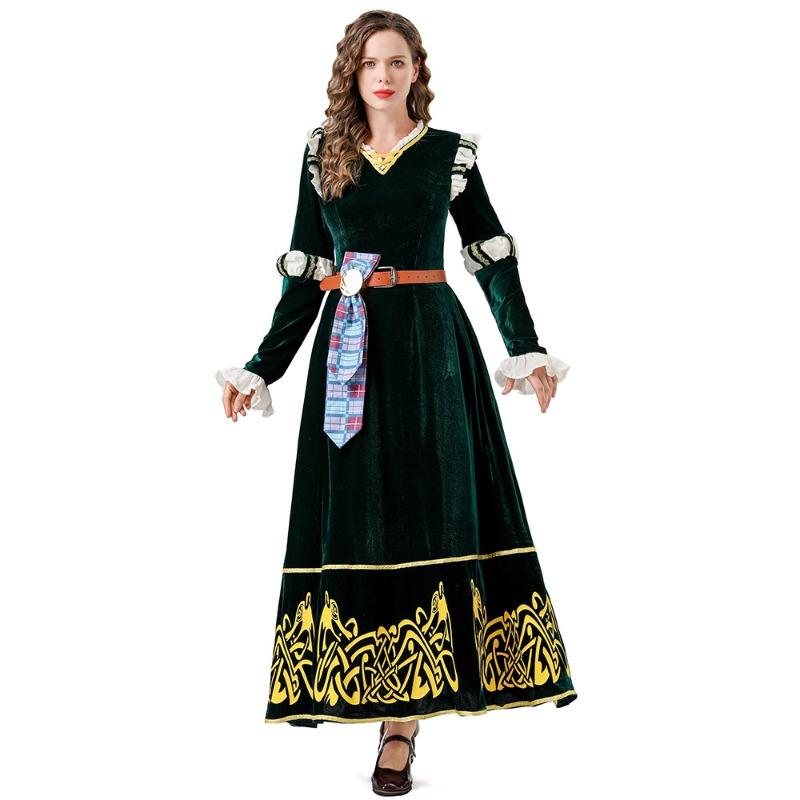 Halloween Costume Medieval Court Style, Retro Dark Green Dress Brave Legend Merida Cosplay