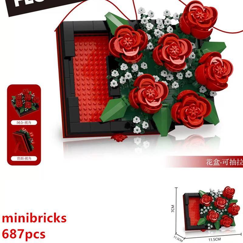 DIY 3D Famous Rose Hibiscus Eternal Immortal Flowers Painting Frame Art Easel Exhibition Building Blocks Model Bricks Sets Toy