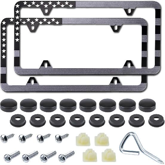 2 Pack American Flag License Plate Frame Holder, Universal Matte Stripe US Flag Patriotic, Stainless Steel Car Plate Frame Covers With Screws