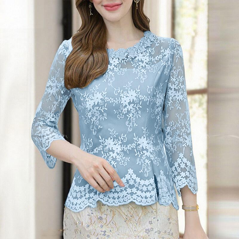 

ZANZEA Женская повседневная блузка с рукавом 3/4 и ажурными вставками синий