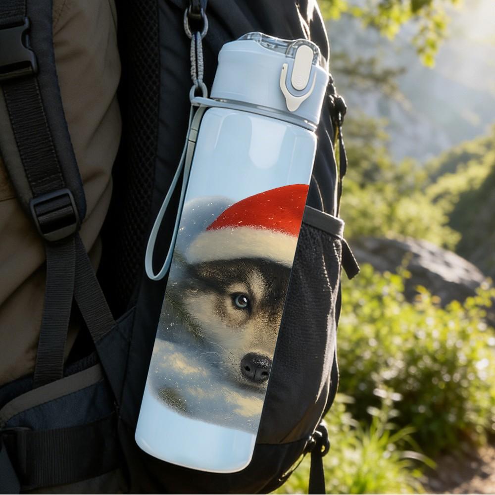 1PC Husky Santa Hat Portrait 750ml Color Plastic Sports Water Bottle Leakproof Flip Straw Lid Suitable for Sports Office Home Use