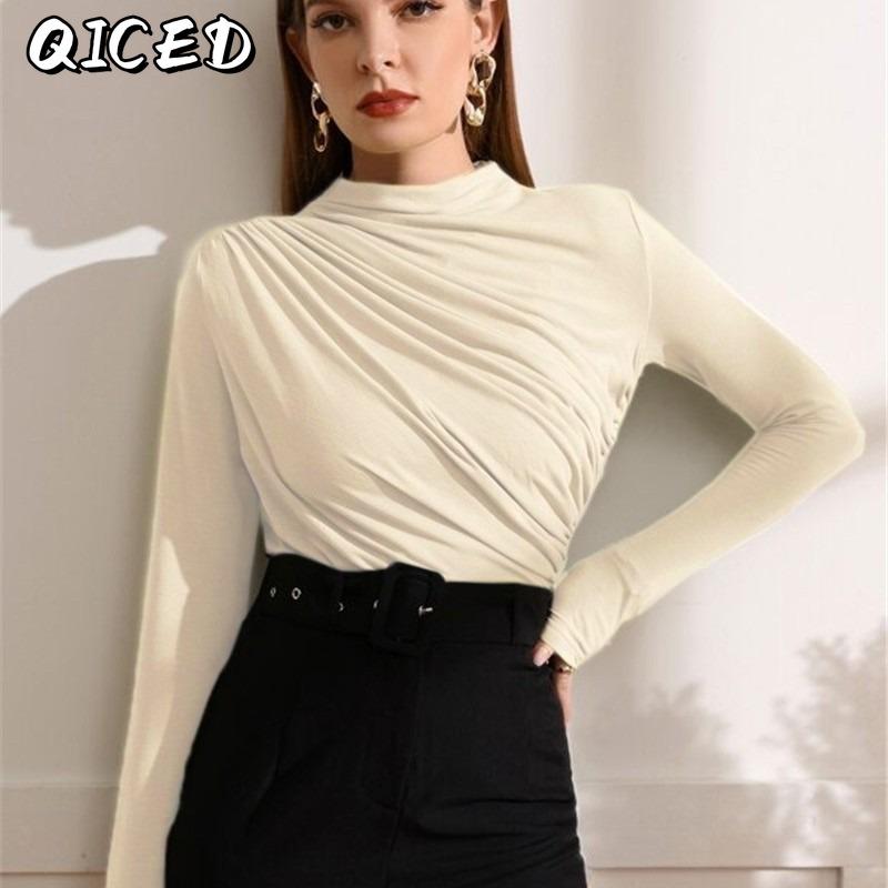 QICED Women's Fashion Casual Solid Color Print Long Sleeve Blouses & Shirts