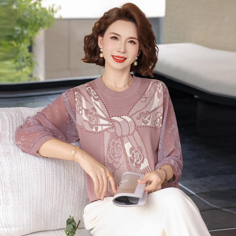 

Stylish Summer Knitwear Top with Gauze Sleeves for Middle-Aged & Elderly Women - New 2026 Mother-in-Law Outfit 5XL (Recommended 150-165 Jin)