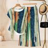 Women Plus Size Two Piece Pants Set Round Neck Short Sleeve Striped Printed Knot Hem Top Long Pants
