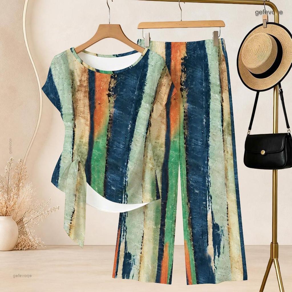 Women Plus Size Two Piece Pants Set Round Neck Short Sleeve Striped Printed Knot Hem Top Long Pants