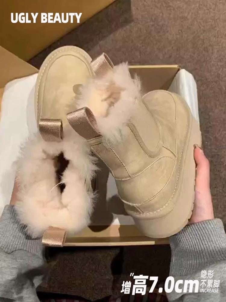 

[Странный эстетизм] Зимние женские кожаные меховые сноубутсы на толстой подошве со скрытой платформой, новинка зимы 2025, короткие ботинки с толстым хлопковым утеплителем 35