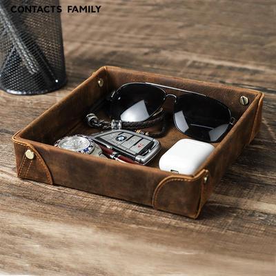 Retro Crazy Horse Leather Desk Tray - Handmade Double-Sided Sundries Storage Box