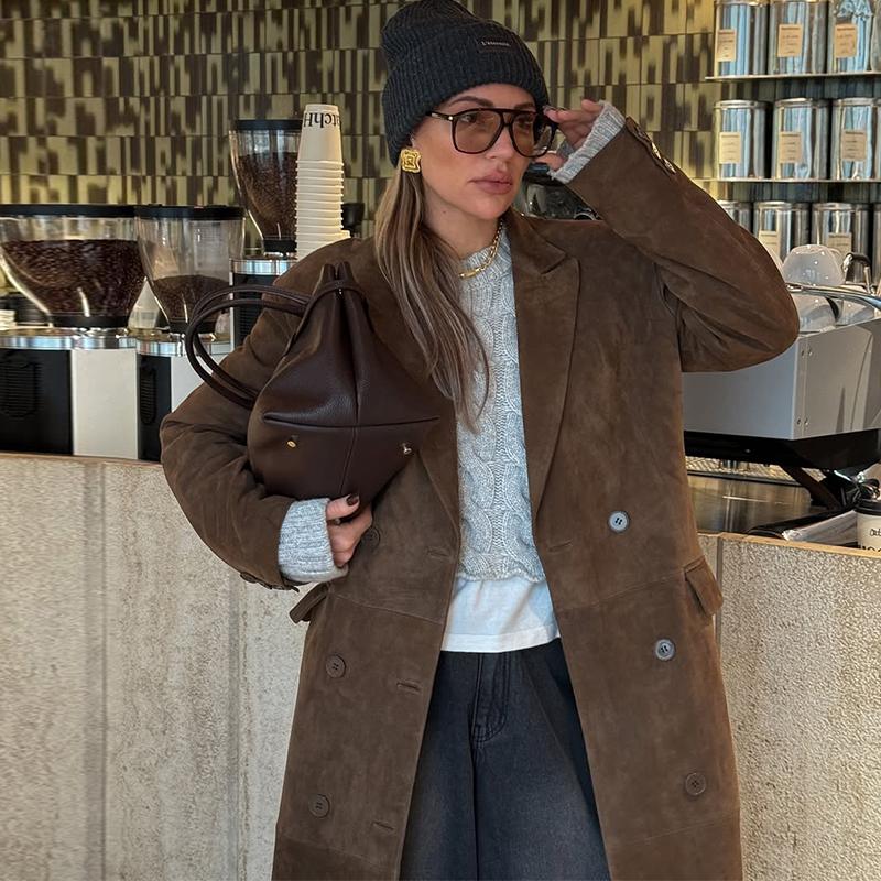 Wildleder Reversmantel Damen Winddicht und Warm Gerader Röhrenmantel Elegant Britischer Stil Pendler Oberbekleidung Herbst/Winter 2025