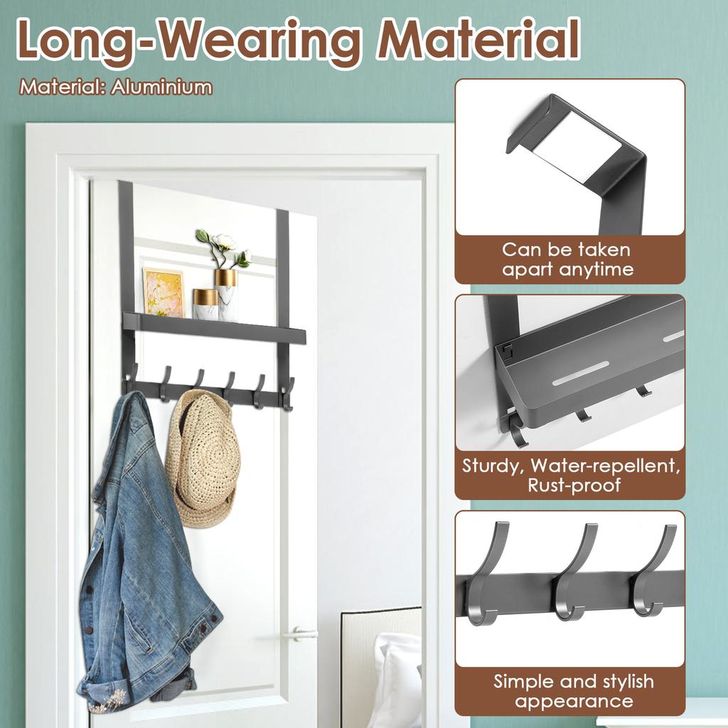 2Pcs Over the Door Organizer with 6 Hooks Aluminum No Drill Storage Rack Multi Purpose Clothes Hanger for Wallet Key Towel Coats