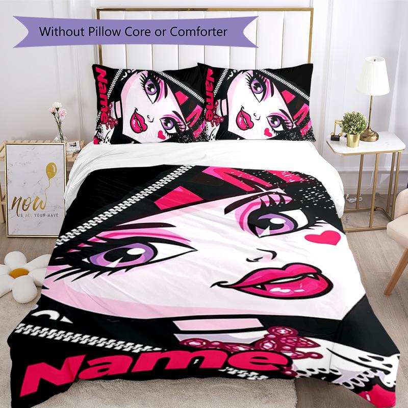 3pcs Custom Name Cartoon Monster High Bedding Set Duvet Cover Closure Includes 1 Duvet Cover & 2 Pillowcases for All Seasons Bedroom Decor