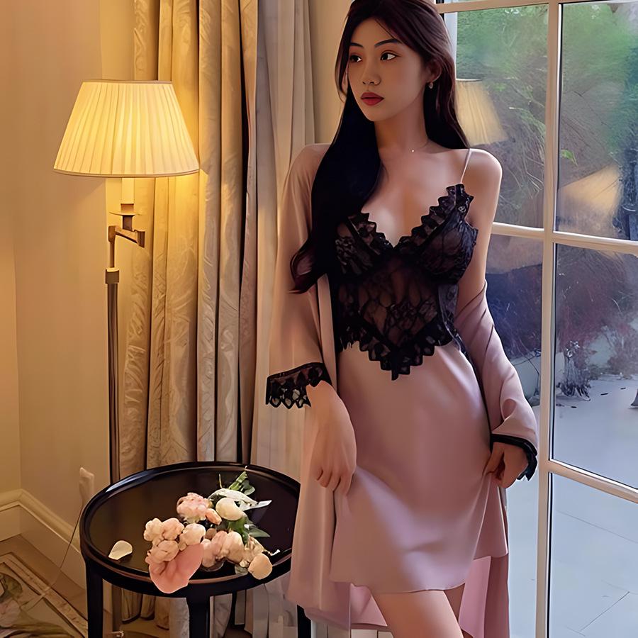 2026 Spring/Summer Ice Silk Lace Nightgown Set for Women with Chest Pads - Sexy and Luxurious Two-Piece Homewear Pajamas