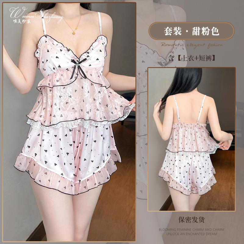 

Sweet wind ice silk women s summer sexy suspender suit with chest pad love printing set thin M