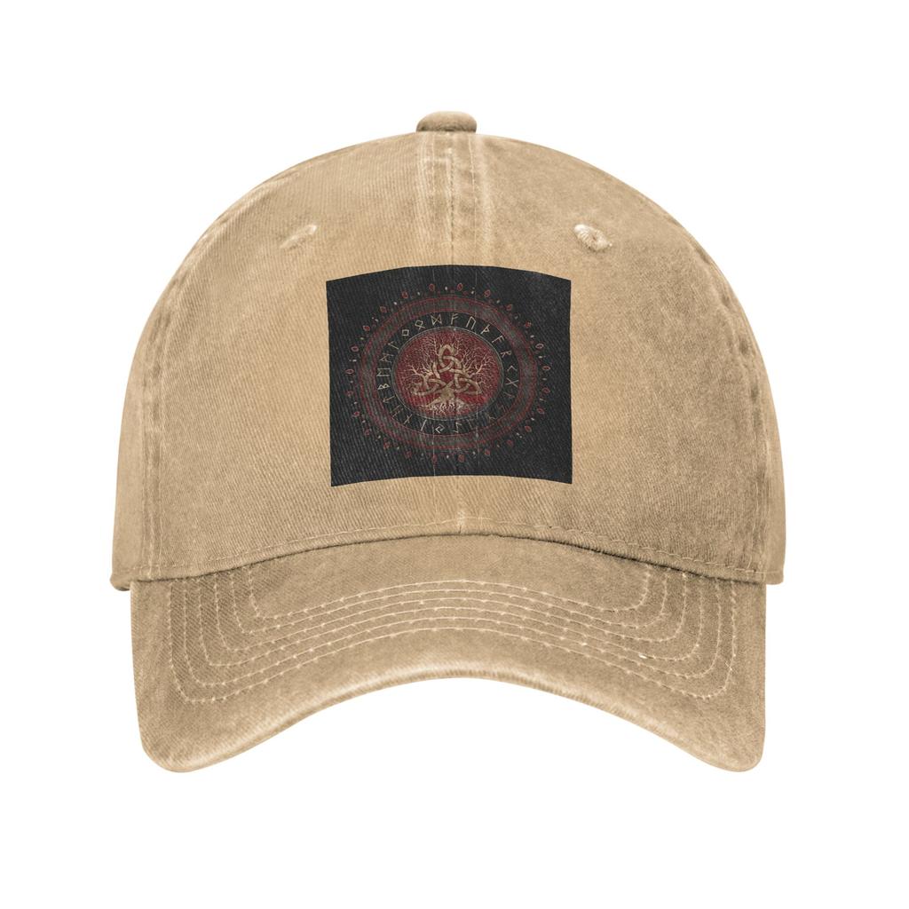 Lebensbaum mit Triquetra Schwarzes Rotes Leder und goldener Jeansstoff Kappe Lässige Baseballkappen Hut Sommer Unisex Baseballmützen