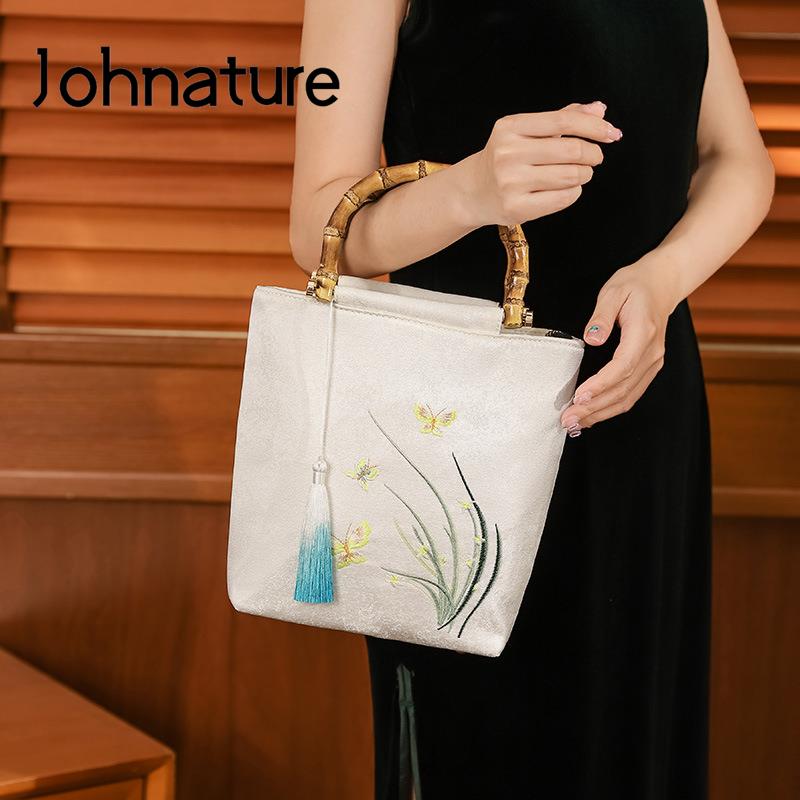 

Johnature атласная вышитая бамбуковая ручка, женская сумка, винтажная универсальная элегантная женская сумка Cheongsam с кисточками, банкетная сумка