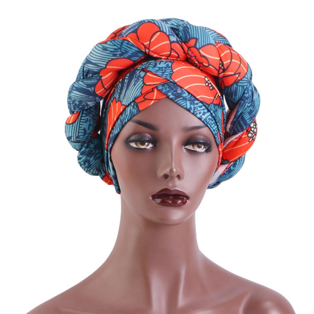 African Braided Headwrap High Skull Turban Cap Flower Printed Hijab Head Scarf for Music Festival Theme Event Oversized