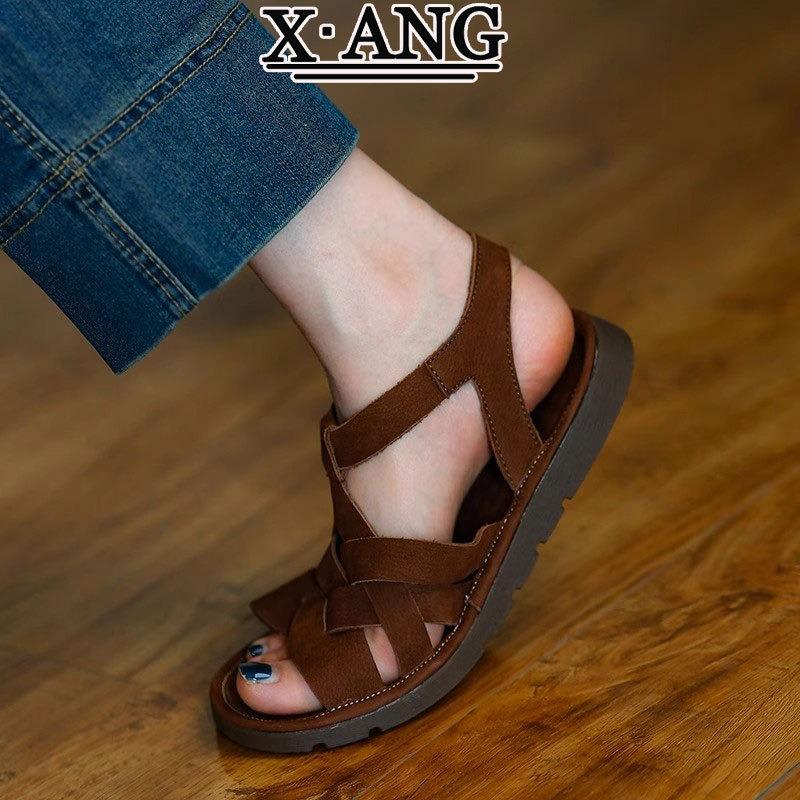 The first layer of cowhide hand-woven hollow soft-soled sandals women's new summer flat-soled retro women's shoes