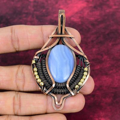Blue Lace Agate Pendant Copper Wire Wrapped Handmade Pendant Gemstone Jewelry