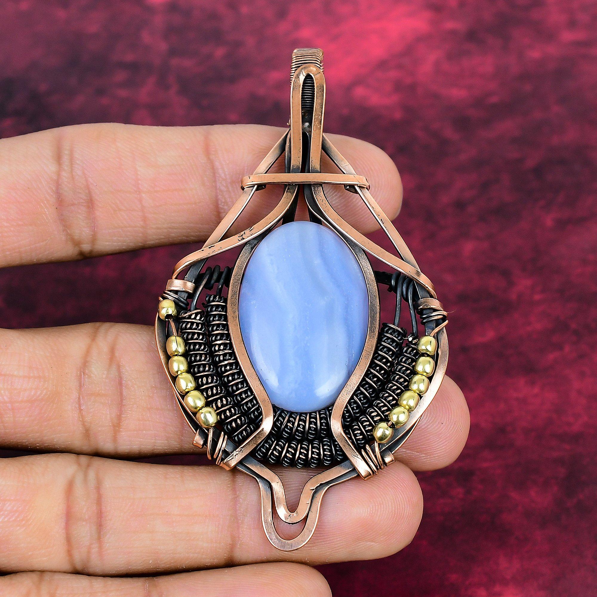 Blue Lace Agate Pendant Copper Wire Wrapped Handmade Pendant Gemstone Jewelry