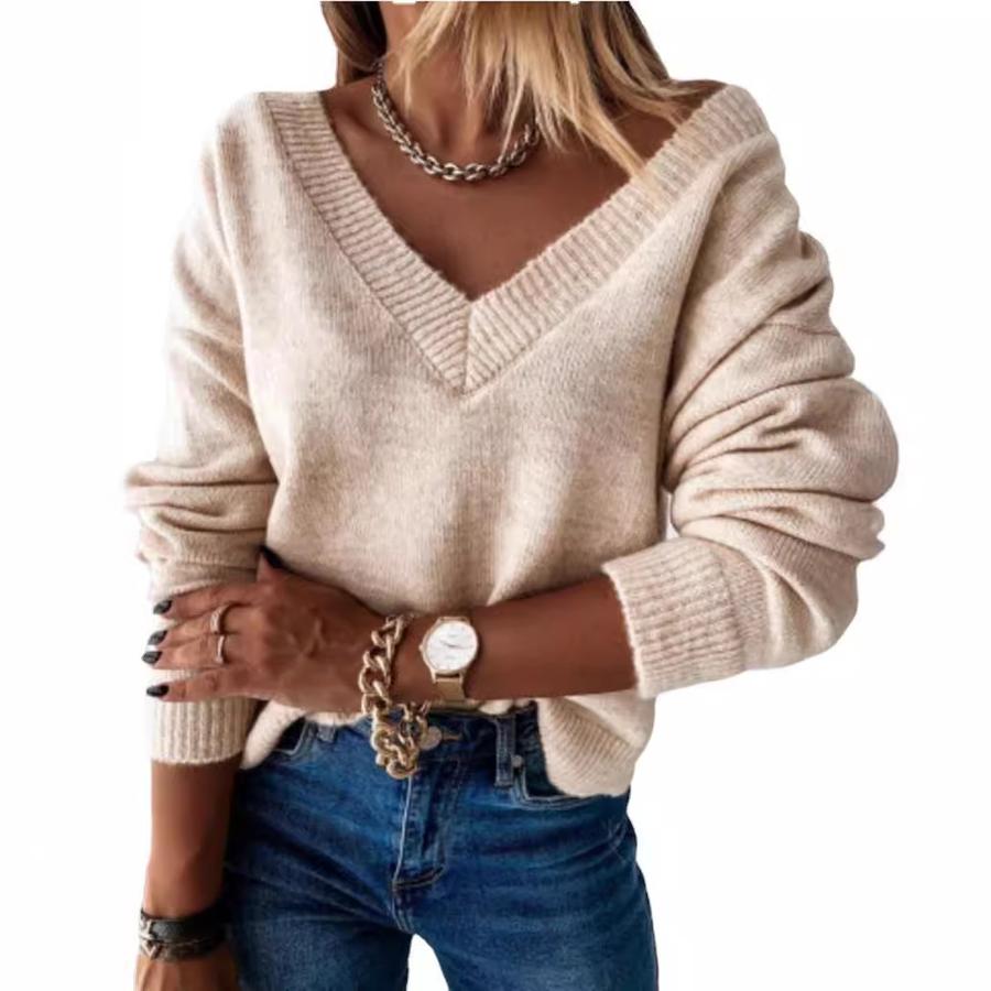 Autumn Winter New Imported Fashion Knitwear Women's Long Sleeve V-Neck Loose Knit Pullover Sweater