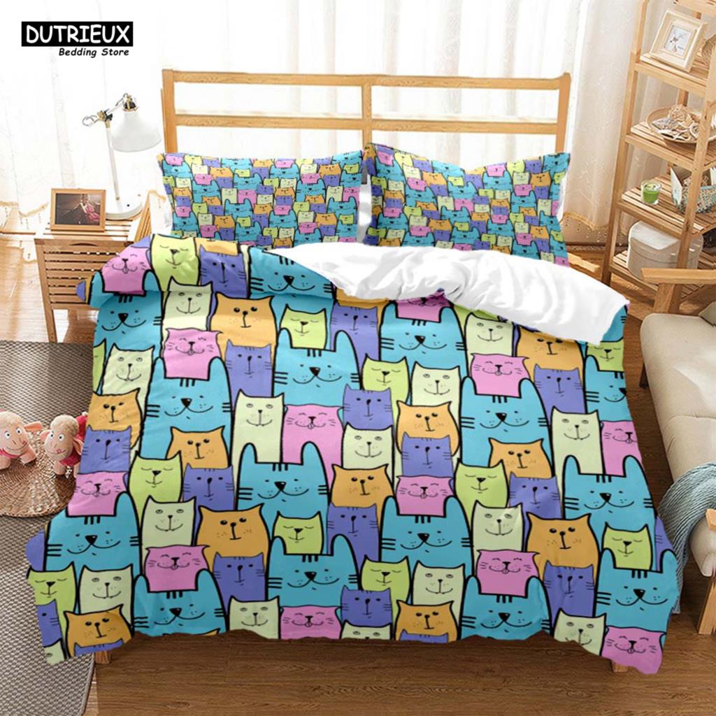 Cute Cat Print Quilt Cover Pillow Cover  Bedding Set Luxury Queen Bedding Set Cute Style Customized  children‘s  Bedding Set