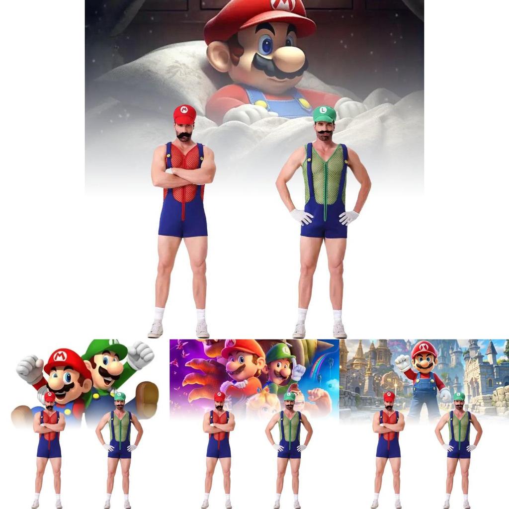 Conjunto de Disfraz de Mario Único Con Sombrero, Guantes, Bigote y Tirantes Para Adultos