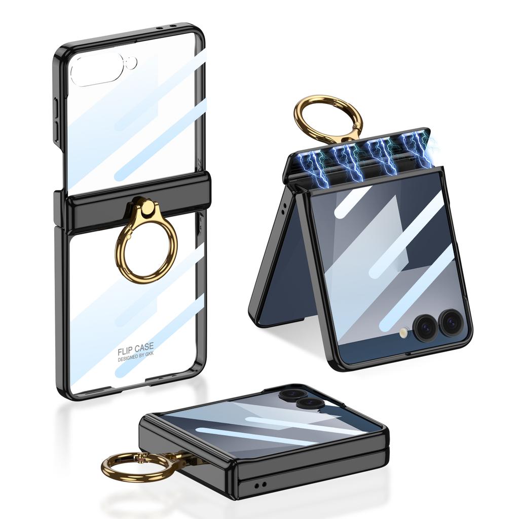 Luxury Plating Magnetic Hinge Case for Samsung Galaxy Z Flip 7 6 5 Screen Glass Ring Holder Hard Cover for Galaxy Z Flip7 Case