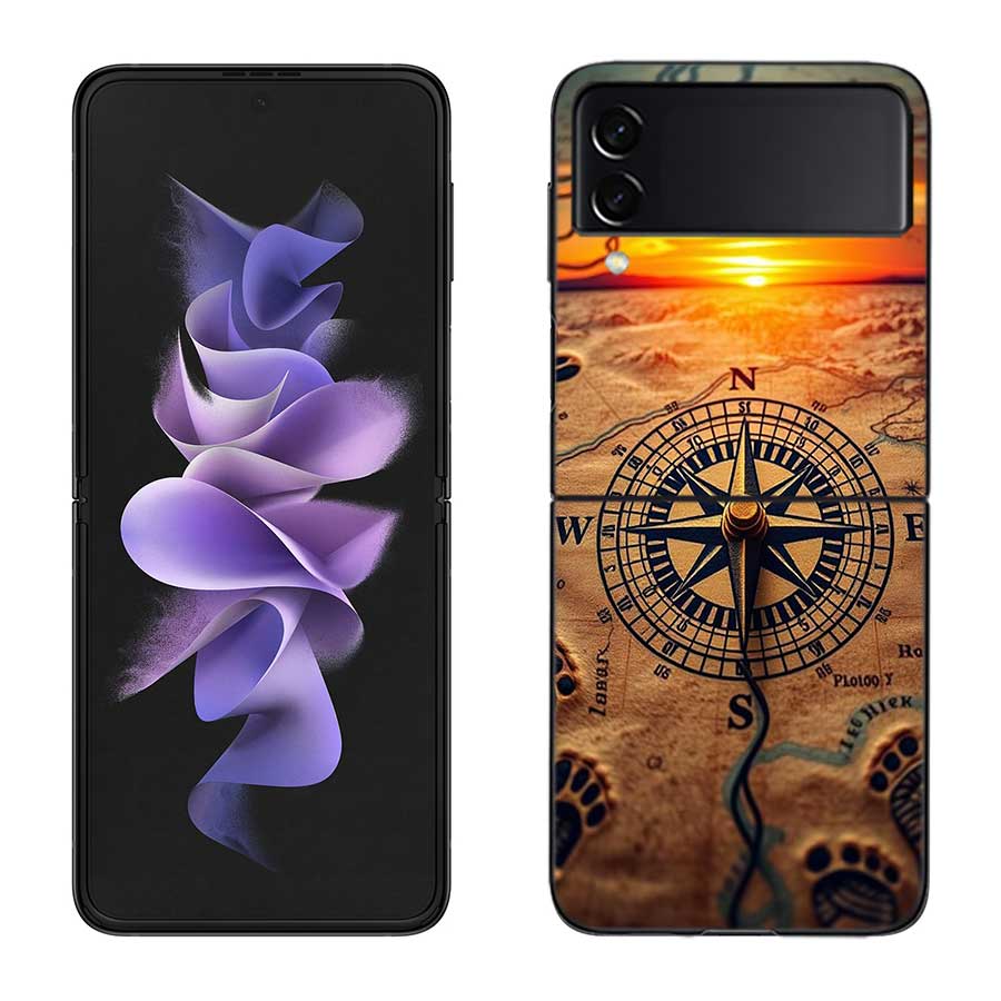 Compass Map Voyage Phone Case For Samsung Z Flip 7 6 5G Galaxy Z Flip 5 4 3 Black Hard Cell Cover Luxury PC Shell Coque